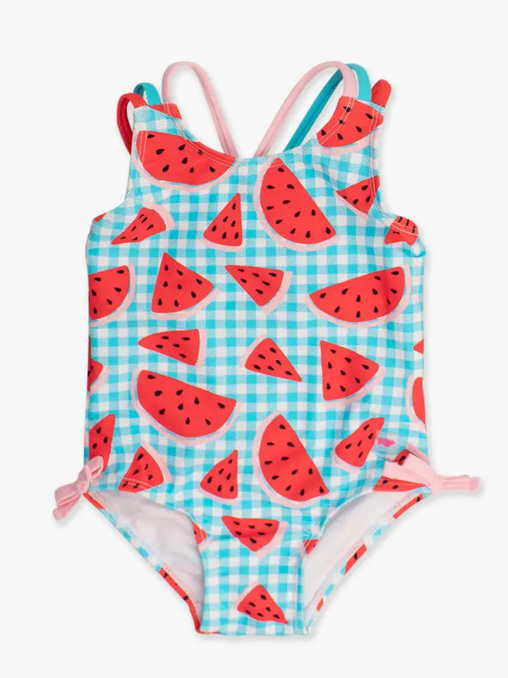 Girls Watermelon Gingham Cross-Back One Piece
