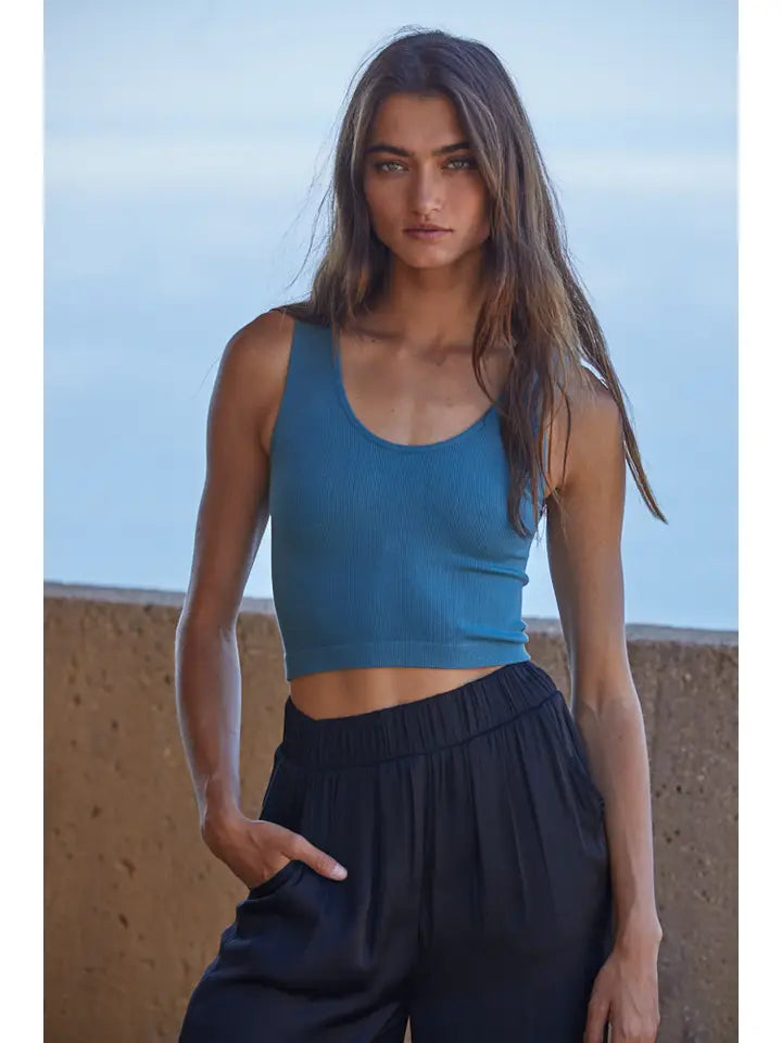 Teal Women's Seamless Ribbed U-V Neck Crop Tank Top